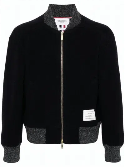 Thom Browne Tricolor Stripe Wool Bomber Jacket In Black