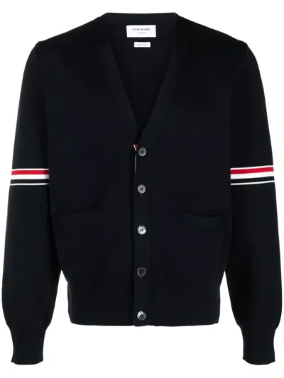 Thom Browne Tricolour Stripe Detail V-neck Cotton Cardigan In Blue