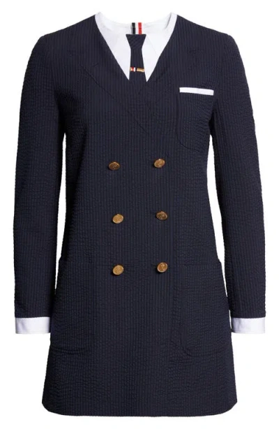 Thom Browne Trompe L'oeil Mixed Media Long Sleeve Minidress In Blue