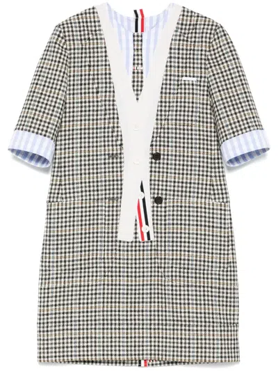 Thom Browne Trompe L'oeil-patch Checked Mini Dress In Neutral