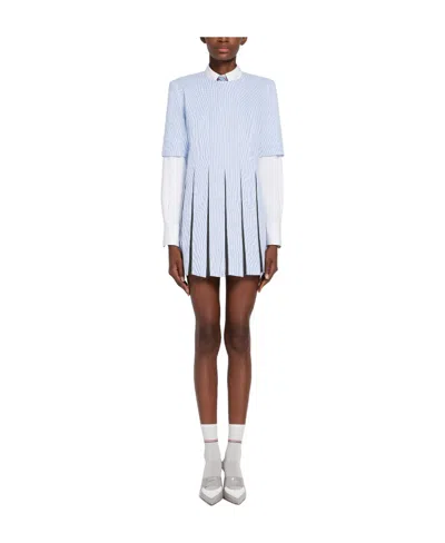 Thom Browne Trompe L'oeil Pleated Mini Dress In Blue