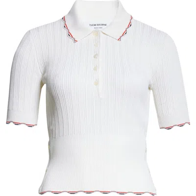 Thom Browne Tuck Scallop Trim Silk & Cotton Pointelle Stitch Polo In White