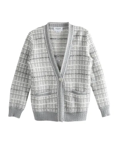 Thom Browne Tuck Stitch Tweed Elongated V-neck Cardigan In Gray