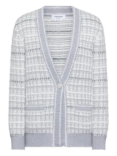 Thom Browne Tuck Stitch Tweed V-neck Cardigan In Blue
