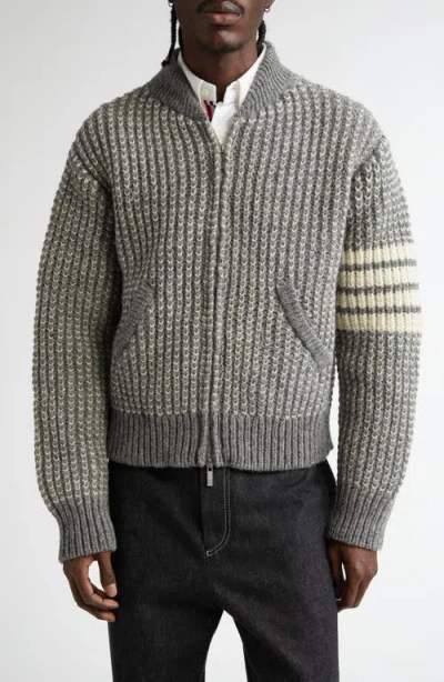 Thom Browne Tuck Wool Bomber Cardigan In Medium Grey