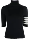 Thom Browne Black Short Sleeve Sweater With 4-bar Detail In Wool Woman In Black