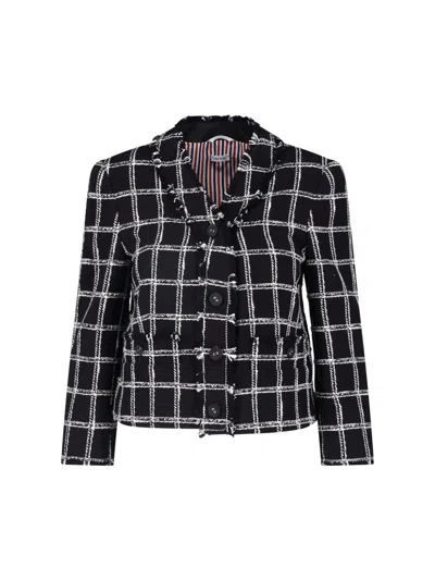 Thom Browne Cropped Black Windowpane Check Cotton-blend Tweed Blazer