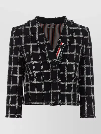 Thom Browne Tweed Blazer Checked Pattern Frayed Edges In Black