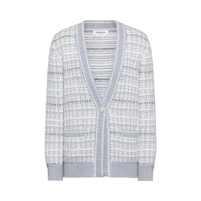 Pre-owned Thom Browne Tweed Elongated V Neck Cardigan 'light Grey' | Women's Size 40 In Gray