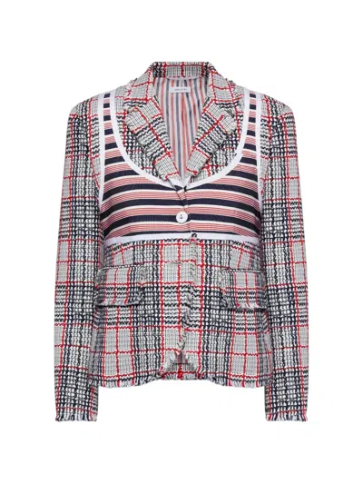 Thom Browne Tweed-pattern Fray-edge Blazer In Gray
