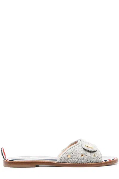 Thom Browne Embossed-button Tweed Flat Sandals In Gray