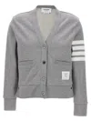 Thom Browne V-neck Button-down Grey Cardigan With Signature Stripes In Gray