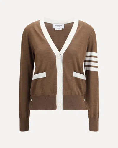 Thom Browne Relaxed Fit V Neck Cardigan 4 Bar Stripe In Brown