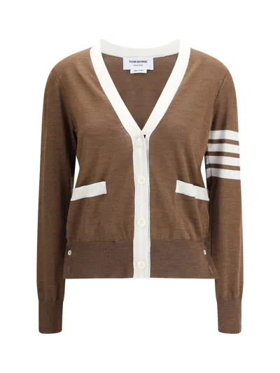 Thom Browne Relaxed Fit V Neck Cardigan 4 Bar Stripe In Brown