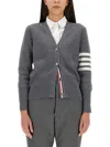 Thom Browne Fitted V-neck Cardigan With Striped Detail In Gray