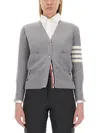 Thom Browne Four Bar Stripe Merino Wool V-neck Cardigan In Gray