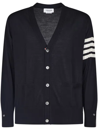 Thom Browne V-neck Cardigan In Fine Merino Wool With Distinctive Stripes In Black