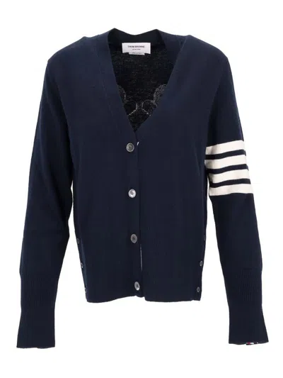 THOM BROWNE V NECK CARDIGAN IN MERINO WOOL  4 BAR STRIPE