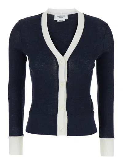 THOM BROWNE BLUE CARDIGAN WITH CONTRASTING TRIM IN WOOL WOMAN