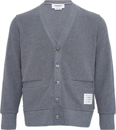 Thom Browne V Neck Cardigan With 4 Bar Intarsia In Gray