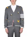 Thom Browne V-neck Cardigan With Birds And Bees Inlays In Gray