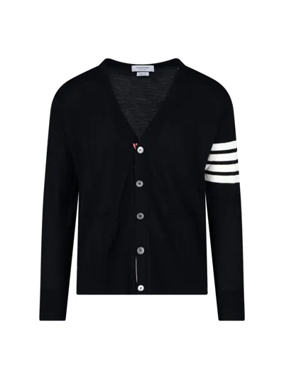 Thom Browne V-neck Cardigan With Iconic Stripe Detail And Grosgrain Tab In Black