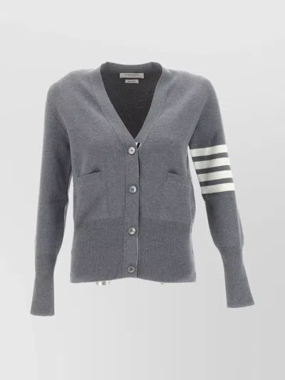 THOM BROWNE V NECK CARDIGAN WITH PATCH POCKET AND STRIPED SLEEVE