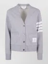 Thom Browne Striped Cotton V-neck Cardigan Pockets In Gray