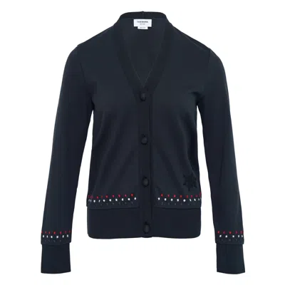 Thom Browne V Neck Cardigan Snowflake Embroidered In Blue