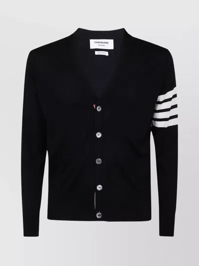 Thom Browne V-neck Cardigan With Stripes And Pockets In Black