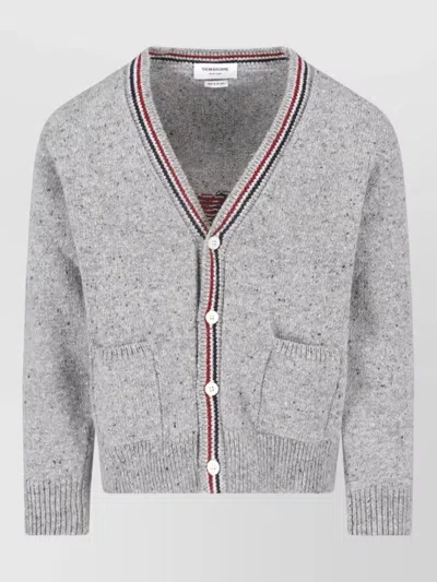Thom Browne V Neck Coat Contrast Stripe Dog Motif In Gray