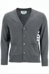 Thom Browne V-neck Cotton Cardigan With Ribbed Cuffs And Subtle Stripes In Gray