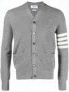 Thom Browne V-neck Hand-knitted Grey Wool Cardigan With Signature Stripes In Gray