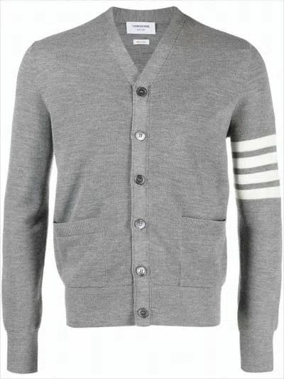 Thom Browne V-neck Hand-knitted Grey Wool Cardigan With Signature Stripes In Gray