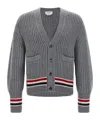 Thom Browne Striped V-neck Cardigan Front Pockets In Gray