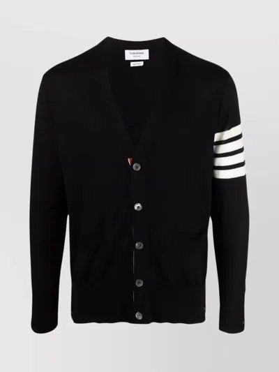 THOM BROWNE V-NECK MERINO WOOL CARDIGAN POCKETS