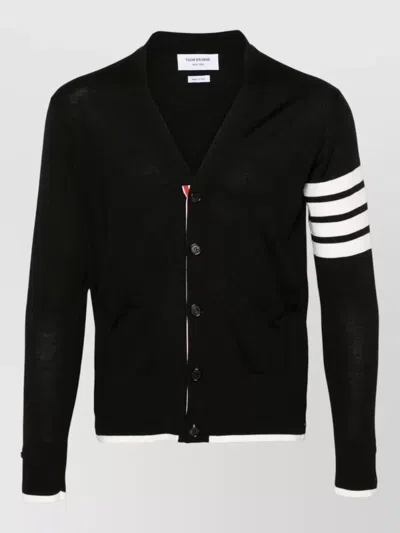 Thom Browne V Neck Merino Wool Cardigan Stripes In Black