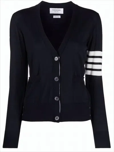 Thom Browne V-neck Merino Wool Cardigan With Distinctive Stripes In Black