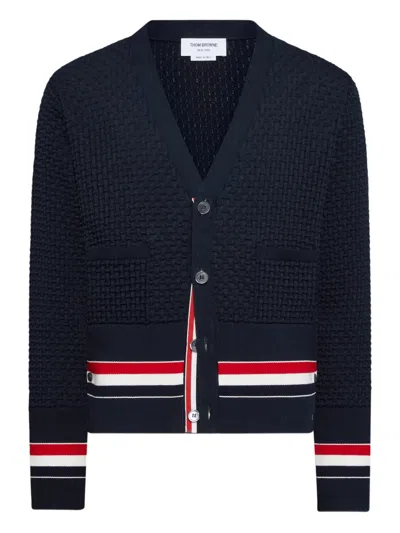 Thom Browne Navy Float Ripple Stitch Rwb Cardigan In Blue