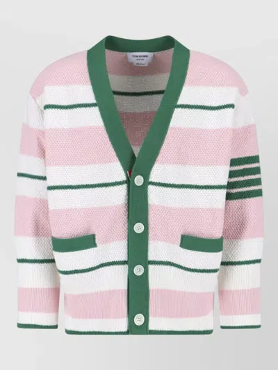 Thom Browne V Neck Sweater Striped Pattern Pockets In Pink