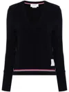 Thom Browne Cotton Pique V Neck Long Sleeve In Blue