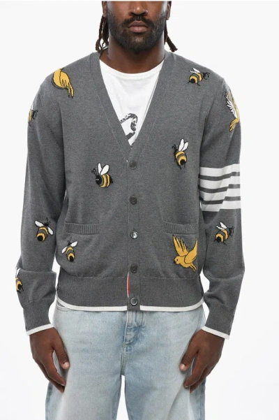 Thom Browne V-neck Wool And Cotton Birds And Bees Cardigan In Gray