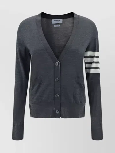 THOM BROWNE V-NECK WOOL CARDIGAN ICONIC BANDS