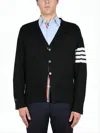 Thom Browne V-neck Wool Cardigan With Striped Accent Details In Black