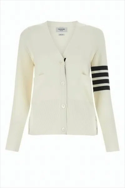 Thom Browne V-neck Wool Cardigan With Tricolor Tab And Button Accents In Neutral