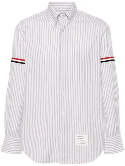 Thom Browne Vertical Stripe Button-down Shirt With Rwb Detail In Grey