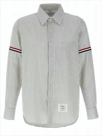 THOM BROWNE VERTICAL STRIPE LONG-SLEEVE SHIRT WITH TRICOLOR DETAIL