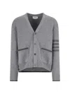 Thom Browne Grey Cardigan With V Neck And Striped Detail On The Sleeve In Wool Man In Gray