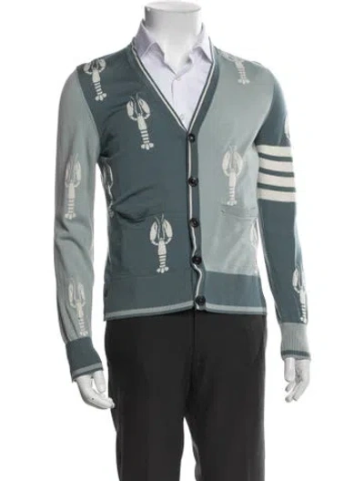 Pre-owned Thom Browne Virgin Wool Graphic Print Cardigan In Blue