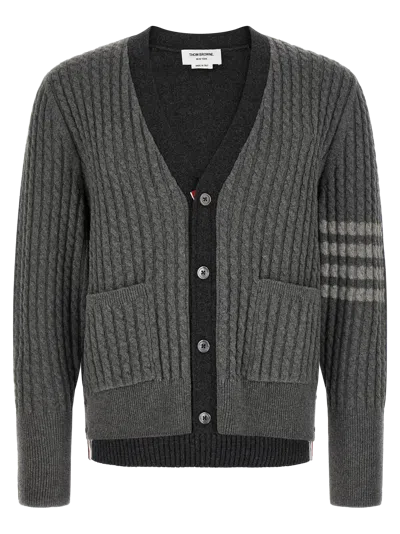 Thom Browne Virgin Wool Ribbed Cardigan In Gray